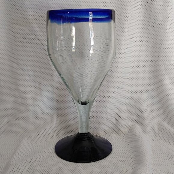 Hand Blown Wine Glass - Cobalt Blue Rim & Base - Picture 1 of 8